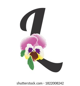 La letra negra L está decorada con una sola flor de color marrón, а y dos hojas. Gradientes de color brillante en los pétalos. Ilustración vectorial multicolor, alfabeto.
