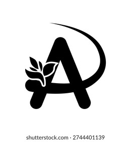 Black letter A with leaf and curved tail white background