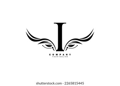 Diseño del logo de la letra Black I con adorno de plumas en forma de ala. emblema de monograma, logotipo de tipografía. carta inicial.apta para logotipos de negocios, boutique, empresa, moda, hotel, etc
