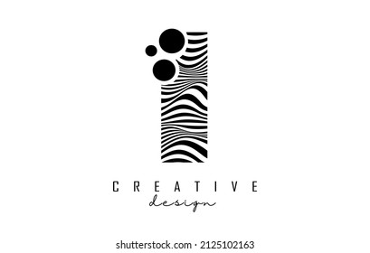 Black Letter I logo with black lines and dots. Vector illustration with geometric typography. Creative icon with letter.