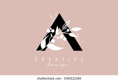A Black Letter Logo with white leaves, leaf, branch design. Creative, elegant vector illustration with letter A and white leaf for beauty, fashion, jewelry, luxury, natural products or eco services.
