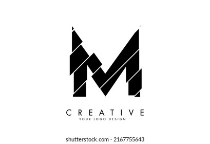 Black Letter M with abstract sliced effect logo design. Abstract vector illustration with creative cuts.