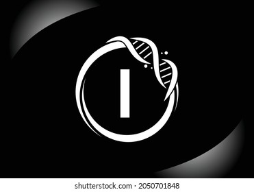 Letra negra en el alfabeto monograma I en un círculo con ADN. Concepto de diseño del logo genético. emblema de letra. Logo vectorial moderno para medicina, ciencia, laboratorio, negocios e identidad de empresa