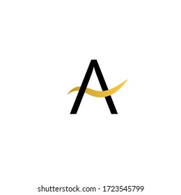Black Letter A Monogram Typography with gold gradient wavy stripes line in center.