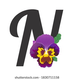 La letra negra N está decorada con un solo abdomen de color marrón. Violeta de jardín morado-amarillo dibujado a mano con hojas verdes. Alfabeto vectorial floral. Estilo plano, gradientes brillantes. Elemento de diseño para felicitaciones.