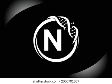 Black letter N monogram alphabet in a circle with DNA. Genetics logo design concept. Font emblem. Modern vector logo for medicine, science, laboratory, business, and company identity