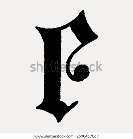 Black letter 'P' in Gothic style on a light background. Gothic 'P' features bold, intricate design. The letter 'P' is prominent in Gothic typography. Vintage font illustration, isolated vector.