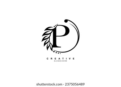 black letter P logo with circular ornaments of leaves, flowers and feathers. monogram typography letter P. flourish logo. suitable for business, company, beauty, boutique, brand, nature, etc