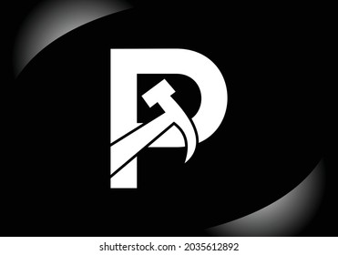 Black letter P monogram alphabet with a Hammer. Repair, renovation, and construction logo. Modern vector logo for construction business, and company identity