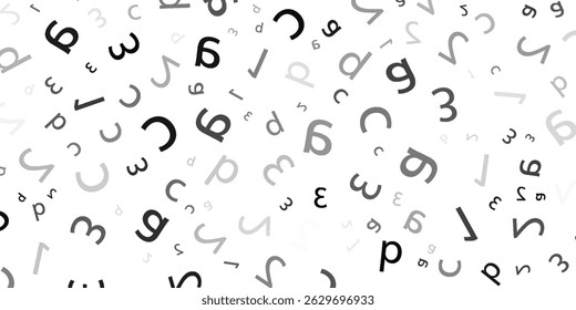 Black letter pattern on white background. Vector illustration for education design. Seamless pattern letters random flying. Alphabet book concept for grammar school. Letter wallpaper