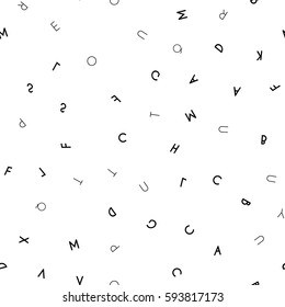 Black letter pattern on white background. Vector illustration for education design. Seamless pattern letters random flying. Alphabet book concept for grammar school. Letter wallpaper