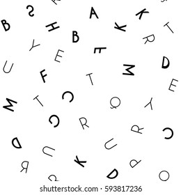 Black letter pattern on white background. Vector illustration for education design. Seamless pattern letters random flying. Alphabet book concept for grammar school. Letter wallpaper