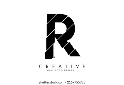Black Letter R with abstract sliced effect logo design. Abstract vector illustration with creative cuts.