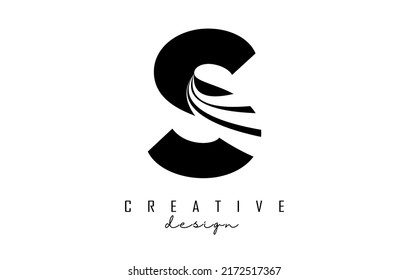 Black letter S logo with leading lines and road concept design. Letter S with geometric design. Vector Illustration with letter and creative cuts and lines.