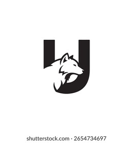 A letra preta U incorpora uma silhueta de cabeça de lobo em sua estrutura, apresentando um design monocromático único e poderoso. O estilo minimalista enfatiza a clareza e o impacto.
