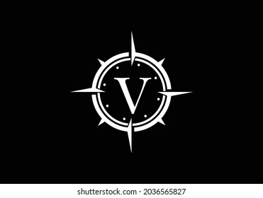 Schwarzer Buchstabe V mit Creative Compass Concept Logo Design Template. Logo-Symbol ergänzen. Modernes Vektorlogo-Design für Geschäfts- und Firmenidentität.