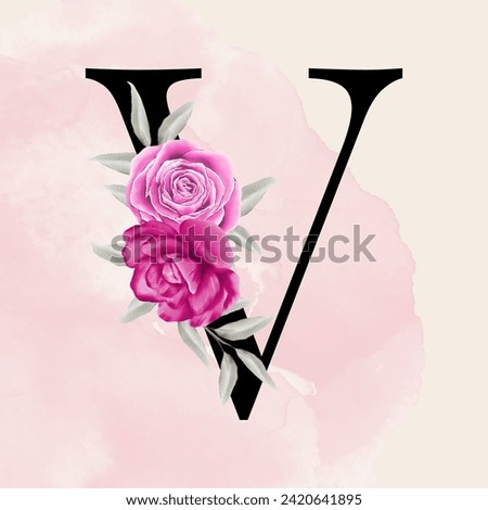 Black letter v font romantic typography with pink watercolor floral background