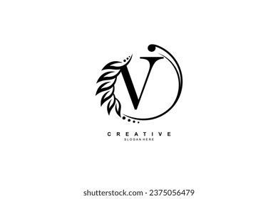 black letter V logo with circular ornaments of leaves, flowers and feathers. monogram typography letter V. flourish logo. suitable for business, company, beauty, boutique, brand, nature, etc