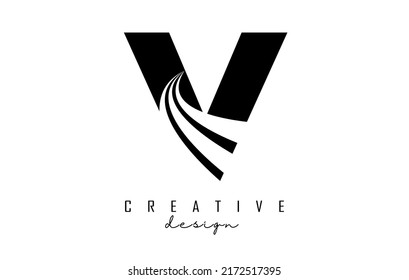 Black letter V logo with leading lines and road concept design. Letter V with geometric design. Vector Illustration with letter and creative cuts and lines.