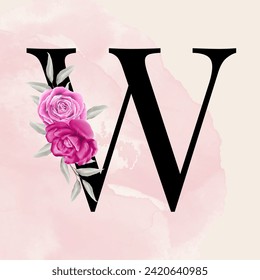 Black letter w font romantic typography with pink watercolor floral background