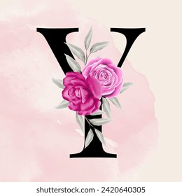 Black letter y font romantic typography with pink watercolor floral background