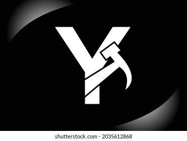 Black letter Y monogram alphabet with a Hammer. Repair, renovation, and construction logo. Modern vector logo for construction business, and company identity