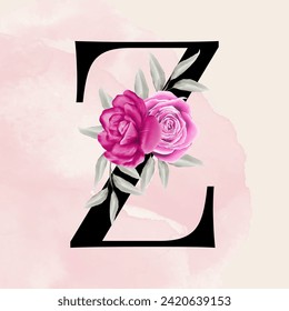 Black letter z font romantic typography with pink watercolor floral background