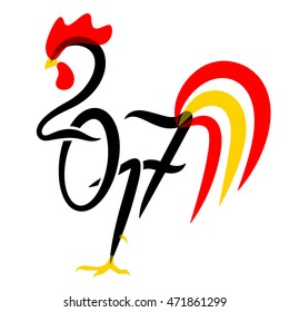 Black lettering 2017 decorated with red and yellow cock tail, comb, claws and spur. Red fire rooster as symbol of year in Chinese calendar. Vector illustration