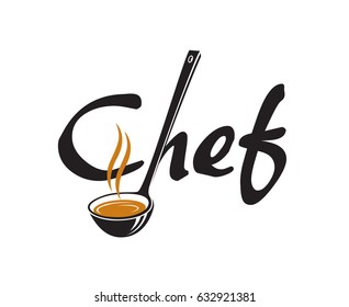 black lettering chef with soup ladle