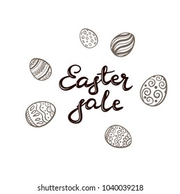 Black lettering Easter Sale and set of eggs with pattern isolated on white background, illustration.