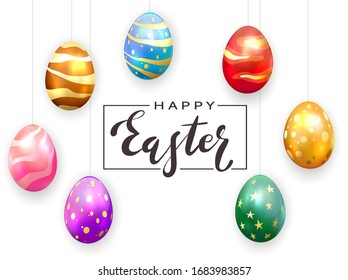 Black lettering Happy Easter and colored Easter eggs hanging on a white background. Holiday decorations. Illustration can be used for holiday design, poster, banner, greeting card.