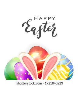 Black lettering Happy Easter and colorful Easter eggs with rabbit ears isolated on white background. Illustration with Easter bunny can be used for holiday design, banners, greeting cards.