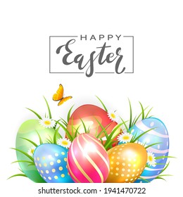 Black lettering Happy Easter and colorful Easter eggs in the grass with flowers isolated on white background. Spring theme. Illustration can be used for holiday design, banners, greeting cards.