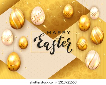 Black lettering Happy Easter and golden Easter eggs on holiday gold background with confetti and luxury elements, illustration.