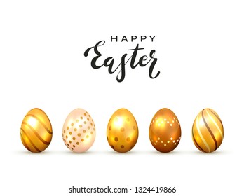 Black lettering Happy Easter and golden Easter eggs isolated on white background, illustration.