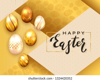 Black lettering Happy Easter with golden Easter eggs and luxury elements on holiday gold background, illustration.