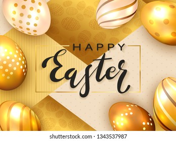 Black lettering Happy Easter with golden Easter eggs and luxury elements on holiday gold background, illustration.