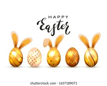 Black lettering Happy Easter and golden Easter eggs with rabbit ears, isolated on white background. Illustration with decorative Easter symbol can be used for holiday design, decorations and cards.