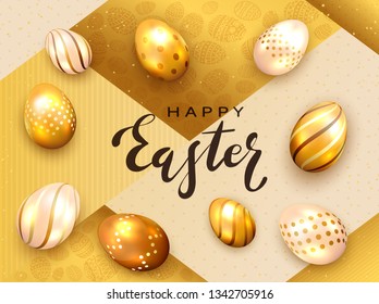 Black lettering Happy Easter with holiday decorations. Golden Easter eggs and confetti on gold background, illustration.