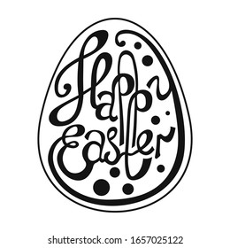 Letras negras Feliz Pascua dentro del huevo con rondas sobre fondo blanco