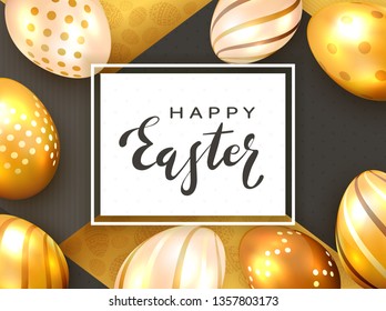 Black lettering Happy Easter on white card with golden Easter eggs and luxury elements on holiday gold background, illustration.