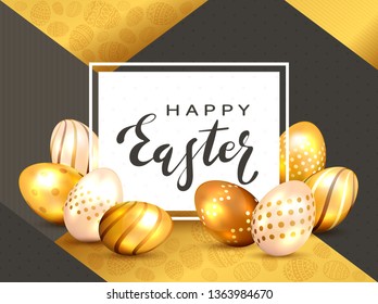 Black lettering Happy Easter on white card and golden Easter eggs with luxury elements on holiday gold background, illustration.