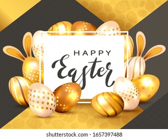Black lettering Happy Easter on white card and golden Easter eggs with bunny ears on holiday black and gold background. Illustration with Easter rabbit can be used for holiday design and cards.