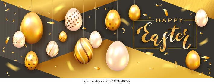 Black lettering Happy Easter on white card and hanging golden Easter eggs on holiday black and gold background. Illustration with holiday decorations can be used for holiday design, cards, banners.