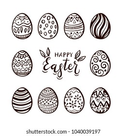 Black lettering Happy Easter with rabbit ears. Set of eggs with pattern, isolated on white background, illustration.