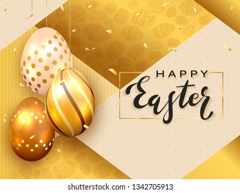 Black lettering Happy Easter with three golden Easter eggs, confetti and luxury elements on holiday gold background, illustration.