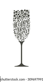 Black lettering happy new year in the form of a glass of champagne on white background