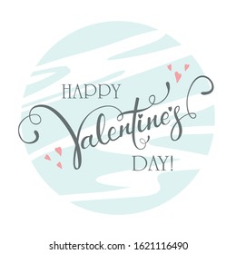 Black lettering Happy Valentine's Day with pink hearts on blue abstract background. Valentines illustration can be used for holiday design, poster, cards, websites, banners, labels. 