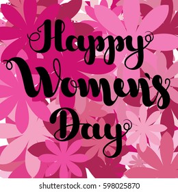 Black lettering "Happy Women's Day" on pink flowers background. Vector illustration for greeting card. 8 March. International Women's Day. EPS10.