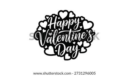 Black lettering and hearts create a romantic Valentine's Day design, notable for its bold silhouette style.